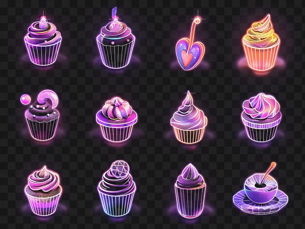 PSD psd di varie icone di cupcake con scintillante luce al neon in do outline y2k t-shirt trasparente web