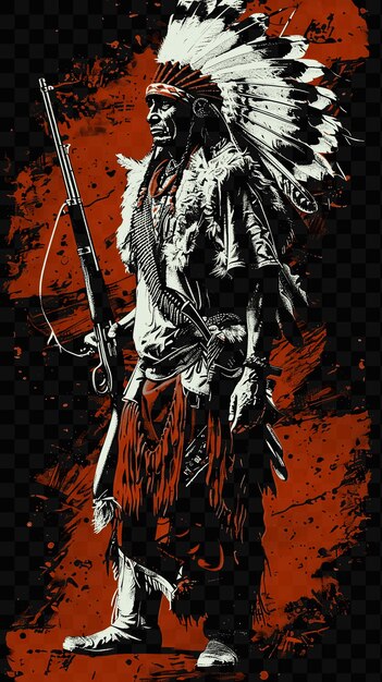 PSD psd vector arapaho warrior portrait met war bonnet en rifle standing tshirt tattoo collage art