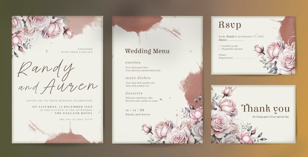 Psd vector bellissime rose disegnate a mano set di inviti da matrimonio