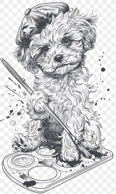 Psd vector of bichon frise with a painters beret and palette looking creat digital collage art ink