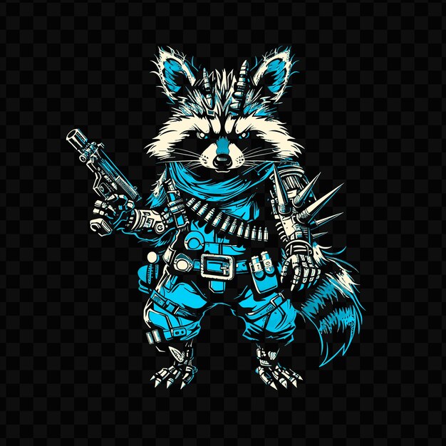 PSD psd vector cybernetic raccoon with metal claws and a bandolier holding tshirt design tattoo ink