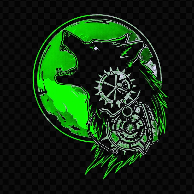 PSD psd vector ferocious wolf howling at a gear shaped moon adorned with a tshirt design tattoo ink