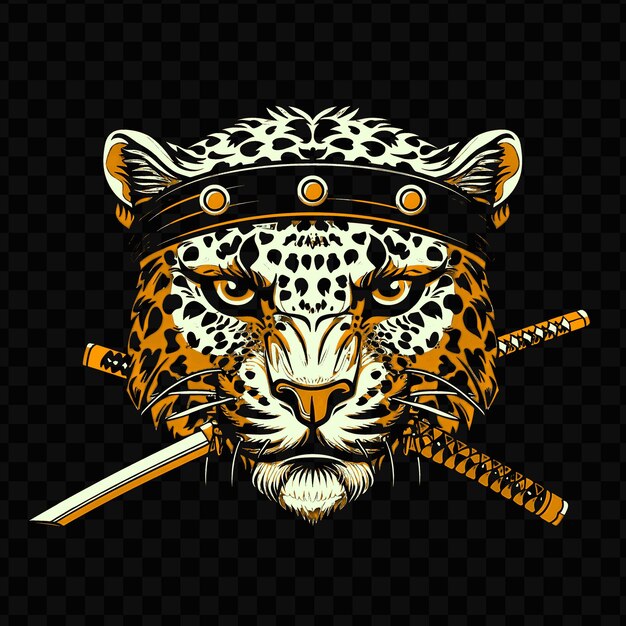 PSD psd vector frustrato leopard face con una fascia ninja e katana des tshirt design tattoo ink