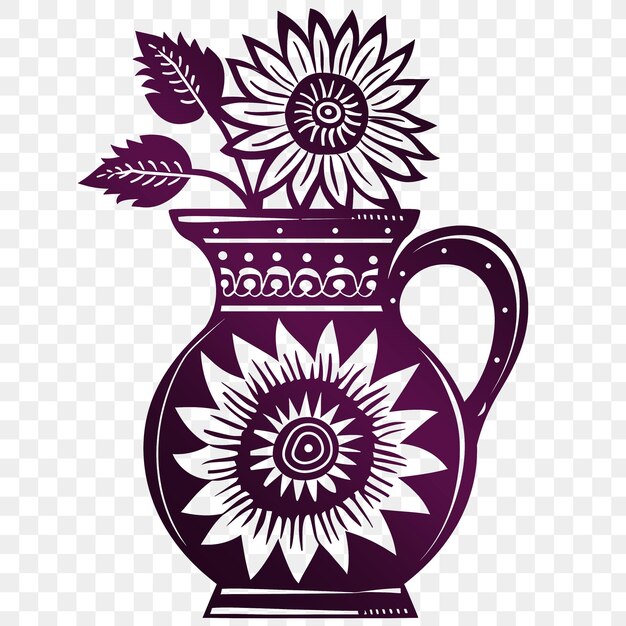 Psd vector hand painted jug folk art with sunflower design and geometri die cut tattoo ink design