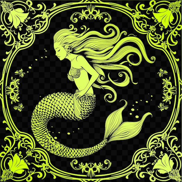 Psd vector mermaid frame art with tail and hair for decorations in the f scribble art tattoo cnc