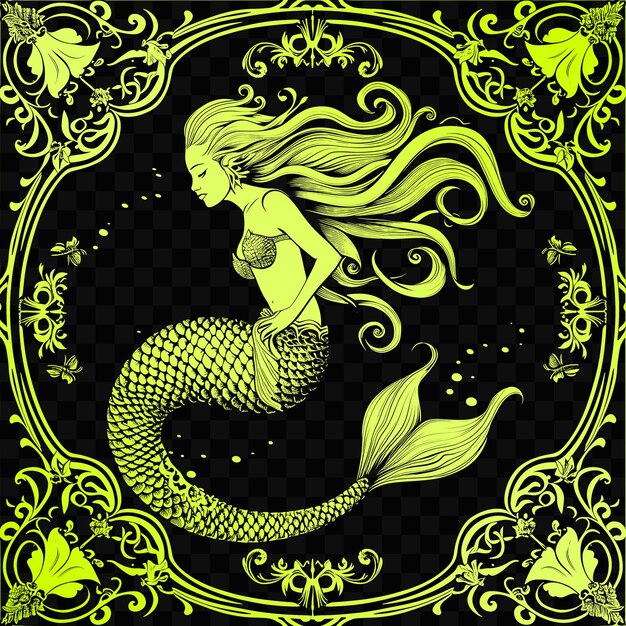 Psd Vector Mermaid Frame Art Z Ogonem I Włosami Do Dekoracji W F Scribble Art Tattoo Cnc