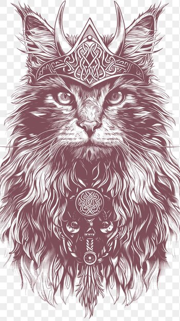 PSD psd vector of norwegian forest cat wearing a viking helmet with a brave ex digital collage art ink