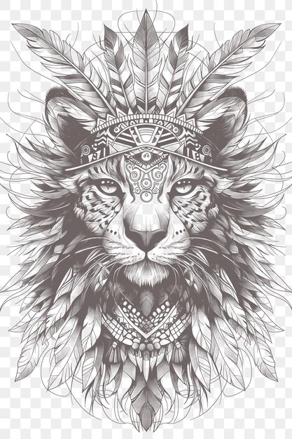 Psd vector of ocicat wearing a native american headdress with a spiritual digital collage art ink