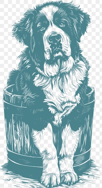 PSD psd вектор собаки сент-бернарда с спасательной бочкой, выглядящей героически и co цифровая коллажная художественная чернила