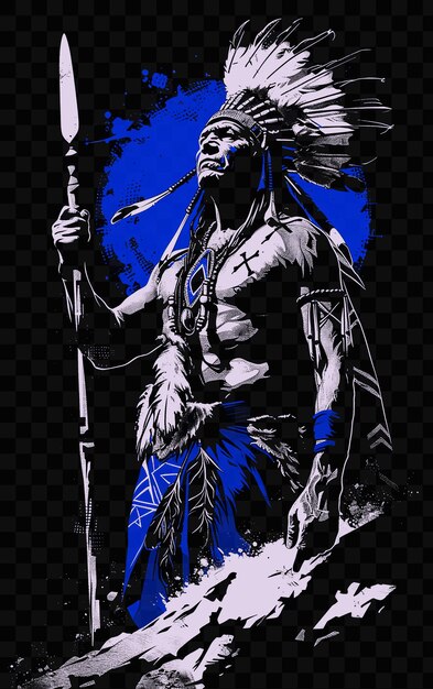 PSD psd vector pawnee warrior portrait met war bonnet en lance standing w tshirt tattoo collage art