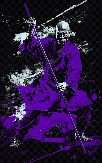 PSD psd vector shaolin monk portrait with kung fu robe and staff standing w tshirt tattoo collage art