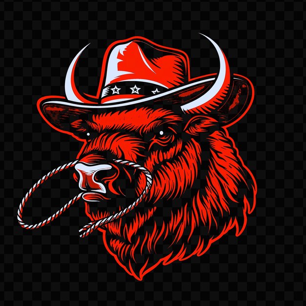 Psd vector strong bison con un cappello da cowboy e un lasso disegnato con un inchiostro di tatuaggio per la maglietta ru