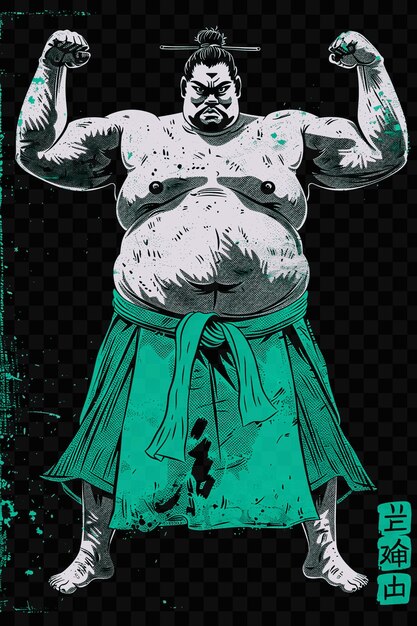 PSD psd vector sumo wrestler portrait with mawashi and topknot standing wit tshirt tattoo collage art