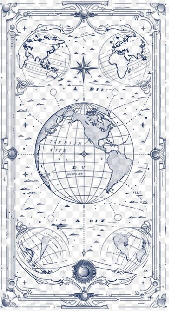 Psd vector travel themed postcard design met een globe frame style accom cnc die cut tattoo design