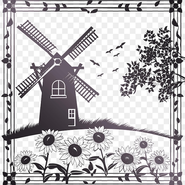 Psd Vector Windmill Folk Art Z Kwiatową Ramką I Symbolem Słonecznika Dla Die Cut Tattoo Ink Design