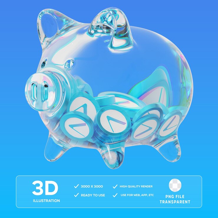 PSD 透明なガラスのピンキーバンクで暗号コインの積み重ねを減らす 3d イラスト
