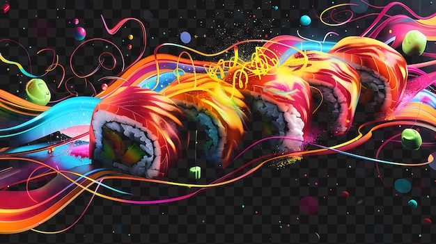 PSD psd of vibrant neon sushi rolls with soy sauce unraveling and unrol y2k glow neon outline design