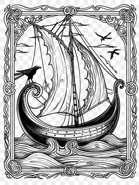 PSD psd of viking longship frame art with raven and waves decorations b cnc frame tattoo art concept