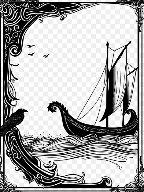 PSD psd viking longship frame art z dekoracjami raven and waves b cnc frame tattoo art concept