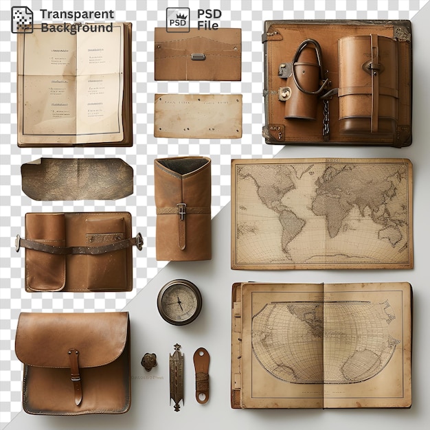 Psd vintage map and travel guide set displayed on a white wall accompanied by a brown book clock and leather wallet