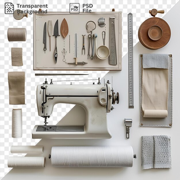 Psd vintage sewing machine and fabrics set displayed on a transparent background accompanied by a brown hat silver and metal scissors and a folded towel