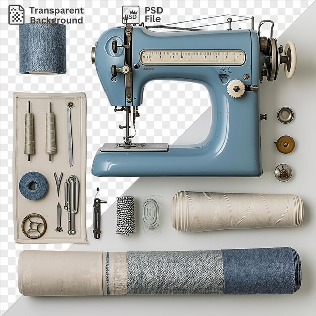 Psd vintage sewing machine and fabrics set up on a transparent background