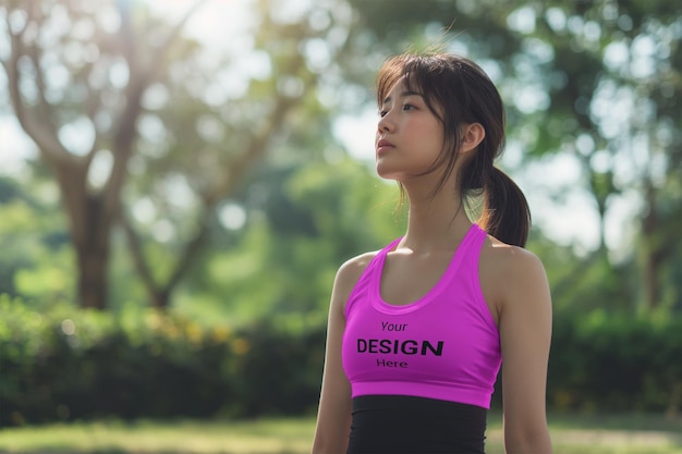 PSD-vrouw doet yoga terwijl ze een mock-up sportbh draagt