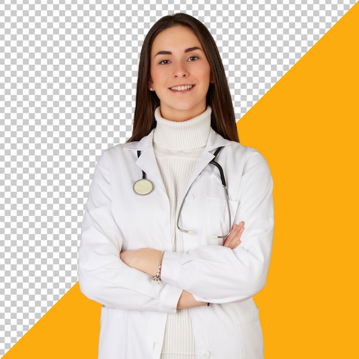 PSD psd-vrouw in een witte labjas met een badge om haar nek met een doorzichtige achtergrond