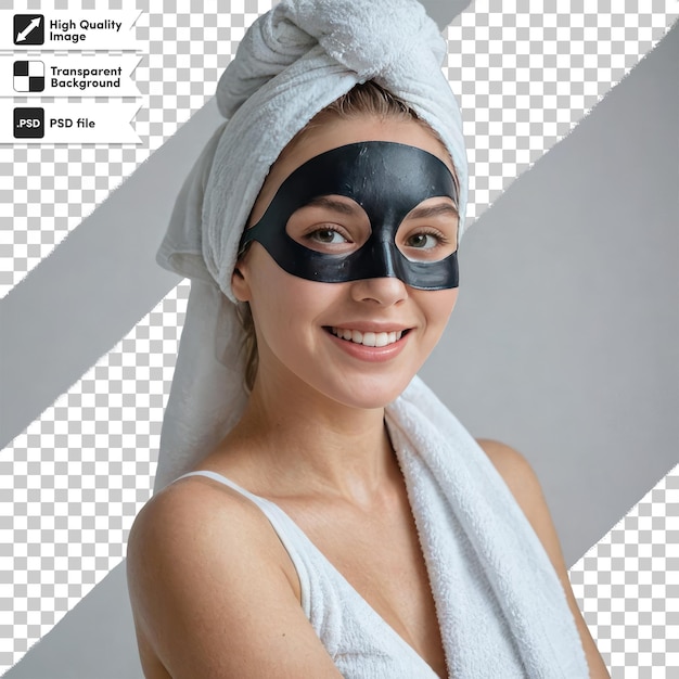 PSD psd-vrouw met zwart cosmetisch masker op gezicht op transparante achtergrond met bewerkbare maskerlaag