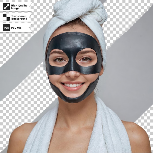 Psd-vrouw met zwart cosmetisch masker op gezicht op transparante achtergrond met bewerkbare maskerlaag
