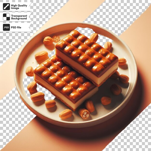 Psd waffle with chocolate and nuts on a plate on transparent background