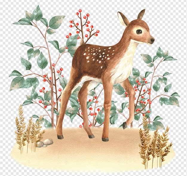 PSD psd warstwowa przezroczysta ilustracja akwareli deer woodland