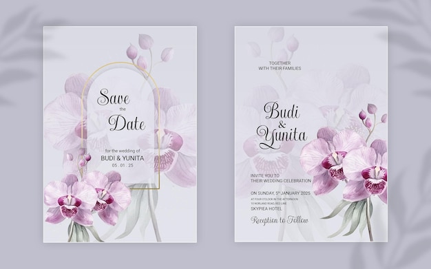 PSD psd watercolor wedding invitation with beautiful orchid flowers