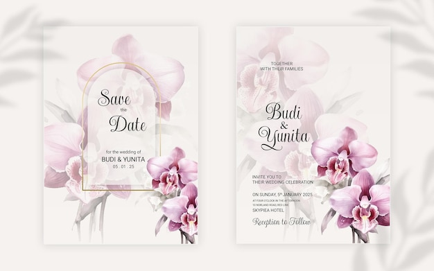 美しい蘭の花を持つpsd水彩の結婚式の招待状
