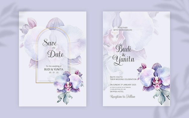 PSD psd watercolor wedding invitation with beautiful orchid flowers