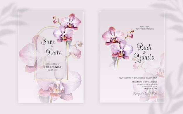 PSD psd watercolor wedding invitation with beautiful orchid flowers