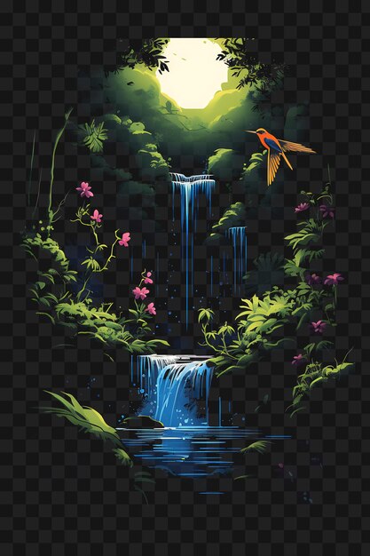 PSD psd di cascata in una foresta di muschio con un colibrì felci vibrante modello clipart tatuaggio design