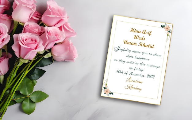 Psd wedding card mockup with flowers on a dark background