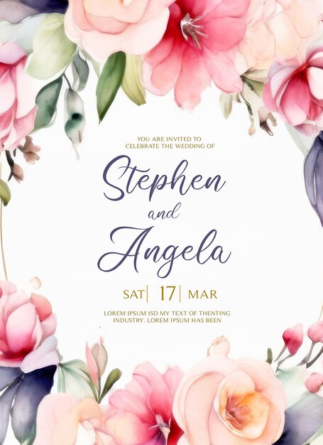 PSD psd wedding invitation card with delicate watercolor flowers