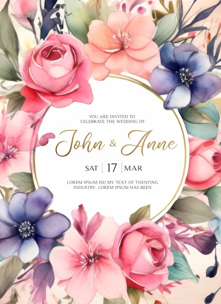 Psd wedding invitation card with delicate watercolor flowers