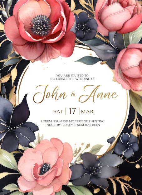 PSD psd wedding invitation card with delicate watercolor flowers