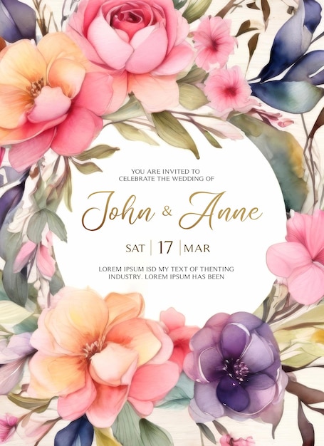 PSD psd wedding invitation card with delicate watercolor flowers