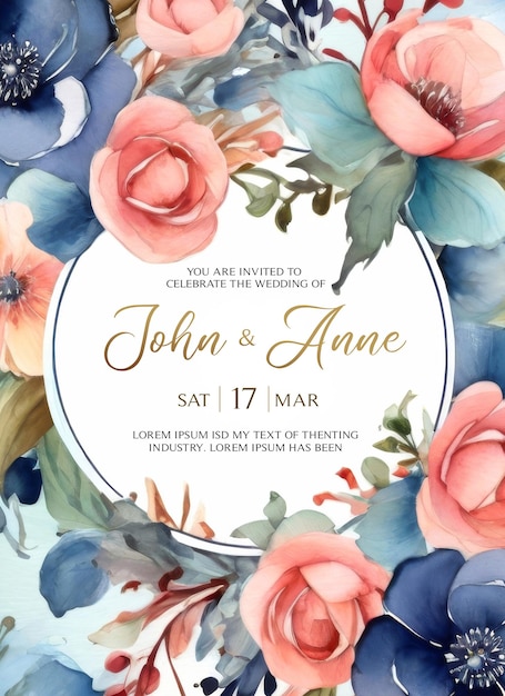 PSD psd wedding invitation card with delicate watercolor flowers