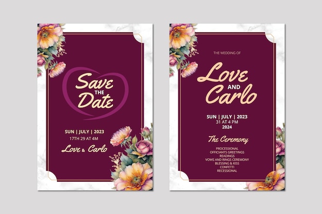 PSD Wedding invitation and save the date with a beautiful flower arrangement