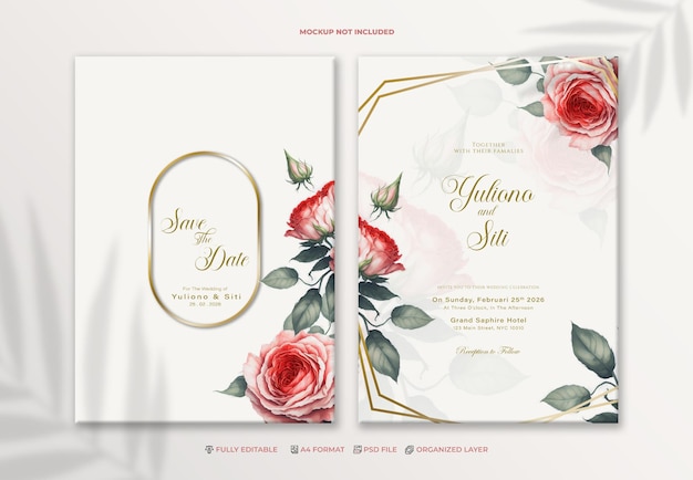 PSD psd wedding invitation template with rose flowers