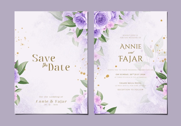 Psd wedding invitation two sided template with purple flower bouquet