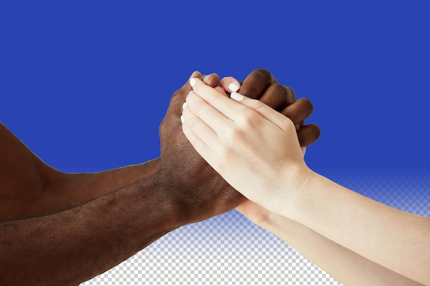 Psd white caucasian woman and black african man holding hands in cordial handshake