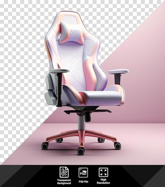 Psd a white chair with black wheels sits on a pink floor against a pink wall with a white leg visible in the foreground