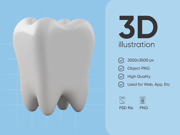 Psd white dental tooth model 3d rendering on isolated background