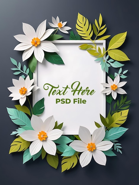 Psd white floral background paper art style frame wedding invitation card floral flower flower